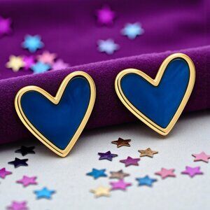Royal Blue Enamel Heart Stud Earrings Gold Tone Statement Cute Gift Teen Girl